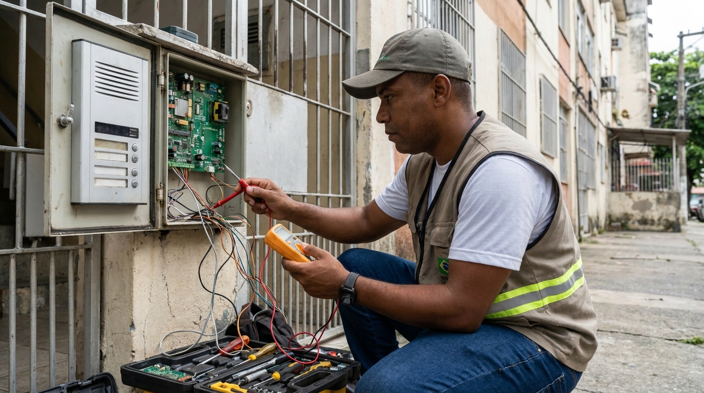 Eletricista consertando interfone em Anápolis‑GO