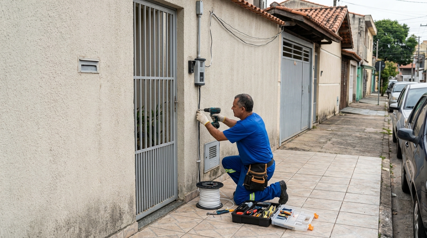 Eletricista instalando interfone em Anápolis‑GO